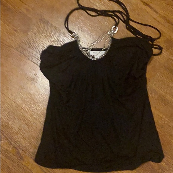 Black cotton halter with silver chains on neckline - Picture 1 of 3